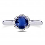 White Gold Round Blue Sapphire and Wavy Diamond Halo Floral Engagement Ring - Handcrafted By Name My Rings™