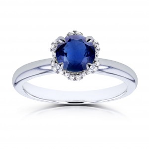White Gold Round Blue Sapphire and Wavy Diamond Halo Floral Engagement Ring - Handcrafted By Name My Rings™