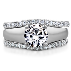 White Gold Round Cut Moissanite Solitaire and 1/3ct TDW Diamond Bands 3-Piece - Handcrafted By Name My Rings™