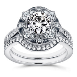 White Gold Round Moissanite and 1/2ct TDW Diamond 2-Piece Floral Antique Brid - Handcrafted By Name My Rings™