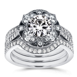 White Gold Round Moissanite and 5/8ct TDW Diamond 3-Piece Floral Antique Brid - Handcrafted By Name My Rings™
