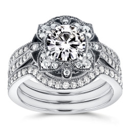White Gold Round Moissanite and 5/8ct TDW Diamond 3-Piece Floral Antique Brid - Handcrafted By Name My Rings™