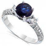 White Gold Round Sapphire and 1/2ct TDW Diamond Three Stone Ring - Handcrafted By Name My Rings™