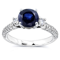 White Gold Round Sapphire and 1/2ct TDW Diamond Three Stone Ring - Handcrafted By Name My Rings™