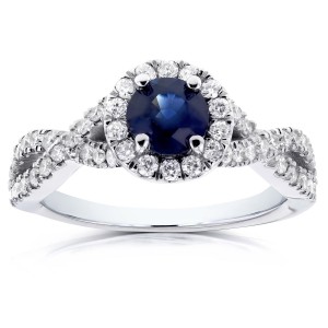 White Gold Round Sapphire and 1/2ct TDW Halo Diamond Criss Cross Ring - Handcrafted By Name My Rings™