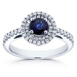 White Gold Round Sapphire and 1/3ct TDW Halo Diamond Ring  - Handcrafted By Name My Rings™