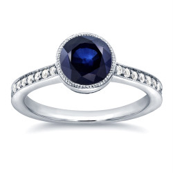 White Gold Round Sapphire and 1/4ct TDW Diamond Bezel Ring - Handcrafted By Name My Rings™