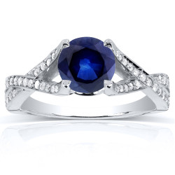 White Gold Round Sapphire and 1/4ct TDW Diamond Pave Crossover Ring - Handcrafted By Name My Rings™
