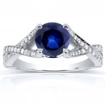 White Gold Round Sapphire and 1/4ct TDW Diamond Pave Crossover Ring - Handcrafted By Name My Rings™