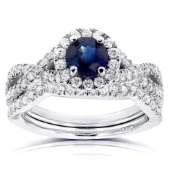 White Gold Round Sapphire and 3/4ct TDW Halo Diamond Crisscross 2-piece Brida - Handcrafted By Name My Rings™