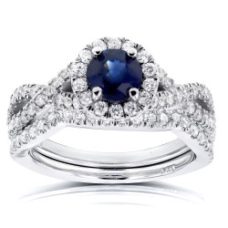 White Gold Round Sapphire and 3/4ct TDW Halo Diamond Crisscross 2-piece Brida - Handcrafted By Name My Rings™
