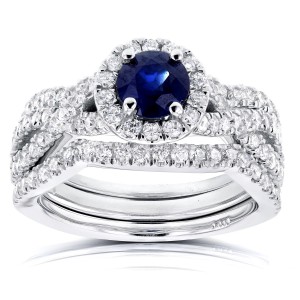 White Gold Round Sapphire and 7/8ct TDW Halo Diamond Criss Cross 3 Piece Brid - Handcrafted By Name My Rings™