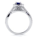 White Gold Round Sapphire and 7/8ct TDW Halo Diamond Criss Cross 3 Piece Brid - Handcrafted By Name My Rings™
