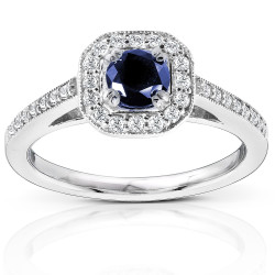 White Gold Round-cut Blue Sapphire and Diamond Halo Ring - Handcrafted By Name My Rings™