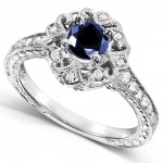 White Gold Round-cut Blue Sapphire and Diamond Vintage Engagement Ring - Handcrafted By Name My Rings™