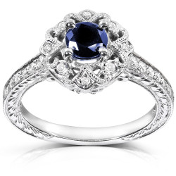 White Gold Round-cut Blue Sapphire and Diamond Vintage Engagement Ring - Handcrafted By Name My Rings™