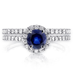 White Gold Round-cut Sapphire and 1/2ct TDW Diamond Halo Bridal Set - Handcrafted By Name My Rings™