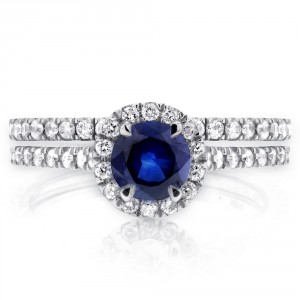 White Gold Round-cut Sapphire and 1/2ct TDW Diamond Halo Bridal Set - Handcrafted By Name My Rings™