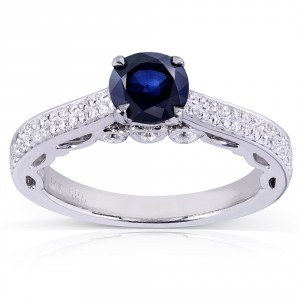 White Gold Round-cut Sapphire and 1/3ct TDW Diamond Engagement Ring - Handcrafted By Name My Rings™