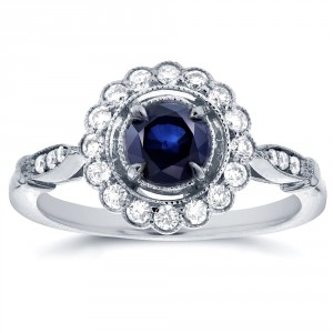 White Gold Round-cut Sapphire and 1/4ct TDW Diamond Art Deco Flower Engagemen - Handcrafted By Name My Rings™