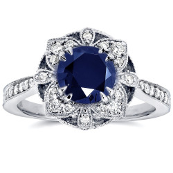White Gold Round-cut Sapphire and 1/4ct TDW Diamond Floral Antique Ring - Handcrafted By Name My Rings™