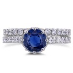 White Gold Sapphire and 1 1/10ct TDW Diamond 8 Prong Standing Halo Bridal Rings - Handcrafted By Name My Rings™