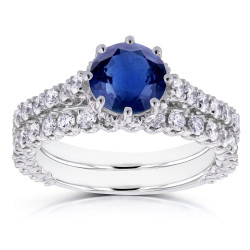 White Gold Sapphire and 1 1/10ct TDW Diamond 8 Prong Standing Halo Bridal Rings - Handcrafted By Name My Rings™