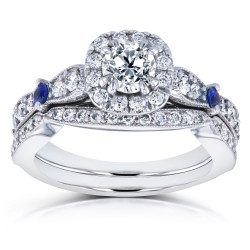 White Gold Sapphire and 1 1/10ct TDW Diamond Antique 2 Ring Bridal Set - Handcrafted By Name My Rings™