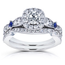 White Gold Sapphire and 1 1/10ct TDW Diamond Antique 2 Ring Bridal Set - Handcrafted By Name My Rings™