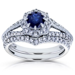White Gold Sapphire and 1/2ct TDW Diamond Star Halo Bridal Set - Handcrafted By Name My Rings™