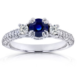 White Gold Sapphire and 1/2ct TDW Diamond Three Stone Engagement Ring - Handcrafted By Name My Rings™