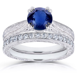 White Gold Sapphire and 1/3ct TDW Diamond Antique Engraved Bridal Rings Set - Handcrafted By Name My Rings™