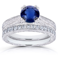 White Gold Sapphire and 1/3ct TDW Diamond Antique Engraved Bridal Rings Set - Handcrafted By Name My Rings™