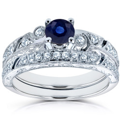 White Gold Sapphire and 1/3ct TDW Diamond Filigree Milgrain Bridal Set - Handcrafted By Name My Rings™