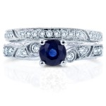 White Gold Sapphire and 1/3ct TDW Diamond Filigree Milgrain Bridal Set - Handcrafted By Name My Rings™