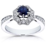 White Gold Sapphire and 1/4ct TDW Diamond Milgrain Engagement Ring - Handcrafted By Name My Rings™