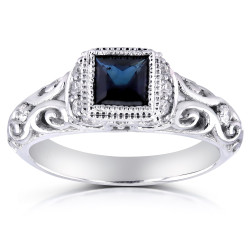 White Gold Sapphire and 1/5ct TDW Diamond Antique Ring - Handcrafted By Name My Rings™