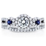 White Gold Sapphire and 1ct TDW Diamond Halo Three Stone Bridal Set - Handcrafted By Name My Rings™
