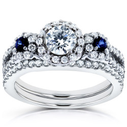 White Gold Sapphire and 1ct TDW Diamond Halo Three Stone Bridal Set - Handcrafted By Name My Rings™