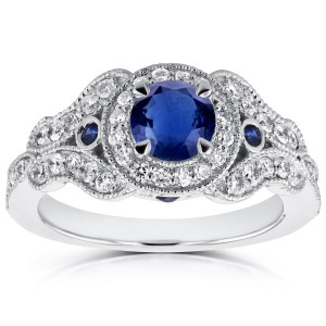 White Gold Sapphire and 2/5ct TDW Diamond Antique Milgrain Ring - Handcrafted By Name My Rings™
