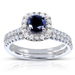 White Gold Sapphire and 2/5ct TDW Diamond Halo Bridal Set - Handcrafted By Name My Rings™