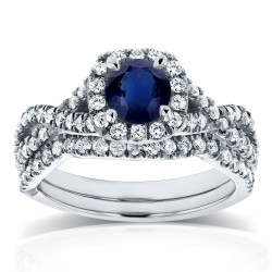 White Gold Sapphire and 3/4ct TDW Diamond Crossover Halo Bridal Set - Handcrafted By Name My Rings™