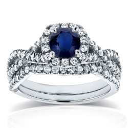 White Gold Sapphire and 3/4ct TDW Diamond Crossover Halo Bridal Set - Handcrafted By Name My Rings™