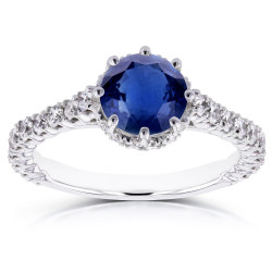 White Gold Sapphire and 3/5ct TDW Diamond 8 Prong Standing Halo Engagement Ring - Handcrafted By Name My Rings™