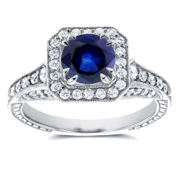 White Gold Sapphire and 3/5ct TDW Diamond Halo Antique Milgrain Ring - Handcrafted By Name My Rings™