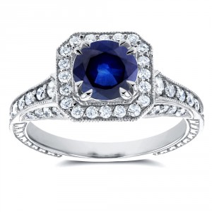 White Gold Sapphire and 3/5ct TDW Diamond Halo Antique Milgrain Ring - Handcrafted By Name My Rings™