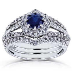 White Gold Sapphire and 3/5ct TDW Diamond Star Halo 3-Ring Bridal Set - Handcrafted By Name My Rings™