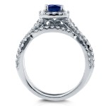 White Gold Sapphire and 7/8ct TDW Diamond Crossover Halo 3 Ring Bridal Set - Handcrafted By Name My Rings™