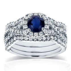 White Gold Sapphire and 7/8ct TDW Diamond Crossover Halo 3 Ring Bridal Set - Handcrafted By Name My Rings™