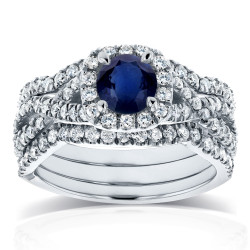 White Gold Sapphire and 7/8ct TDW Diamond Crossover Halo 3 Ring Bridal Set - Handcrafted By Name My Rings™